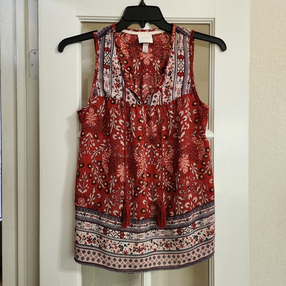 Knox Rose Red Floral Boho Tassel Tank XS Sleeveless Festival Top
